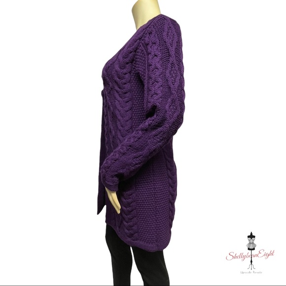 ARAN CRAFTS Merino Wool Chunky Knit Single Button Cardigan Sweater Purple XS S - Picture 11 of 13
